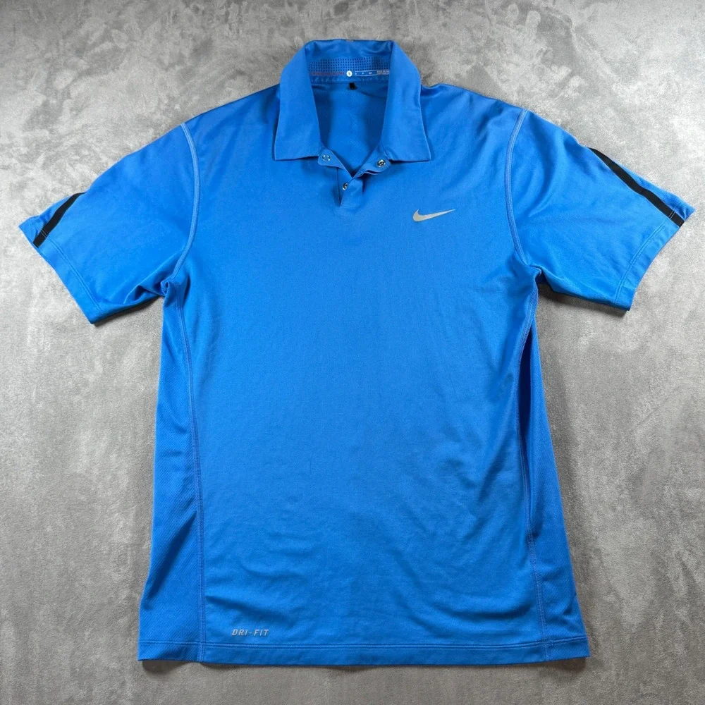 Nike Tiger Woods Collection Golf Polo‎ Blue Dri-Fit Snap Button Mens Small